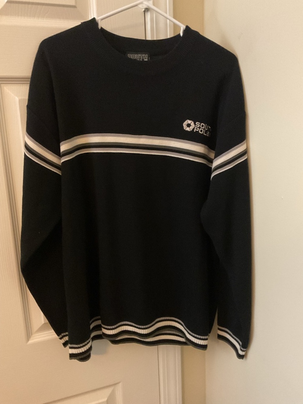 South Pole Black Crewneck Sweater with White and Tan Stripes